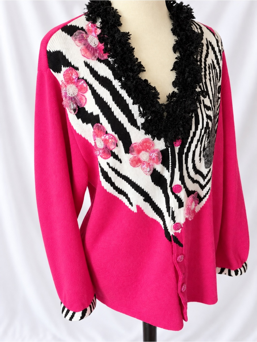 Storybook Knits Hot Pink V-Neck Zebra Floral Cardigan